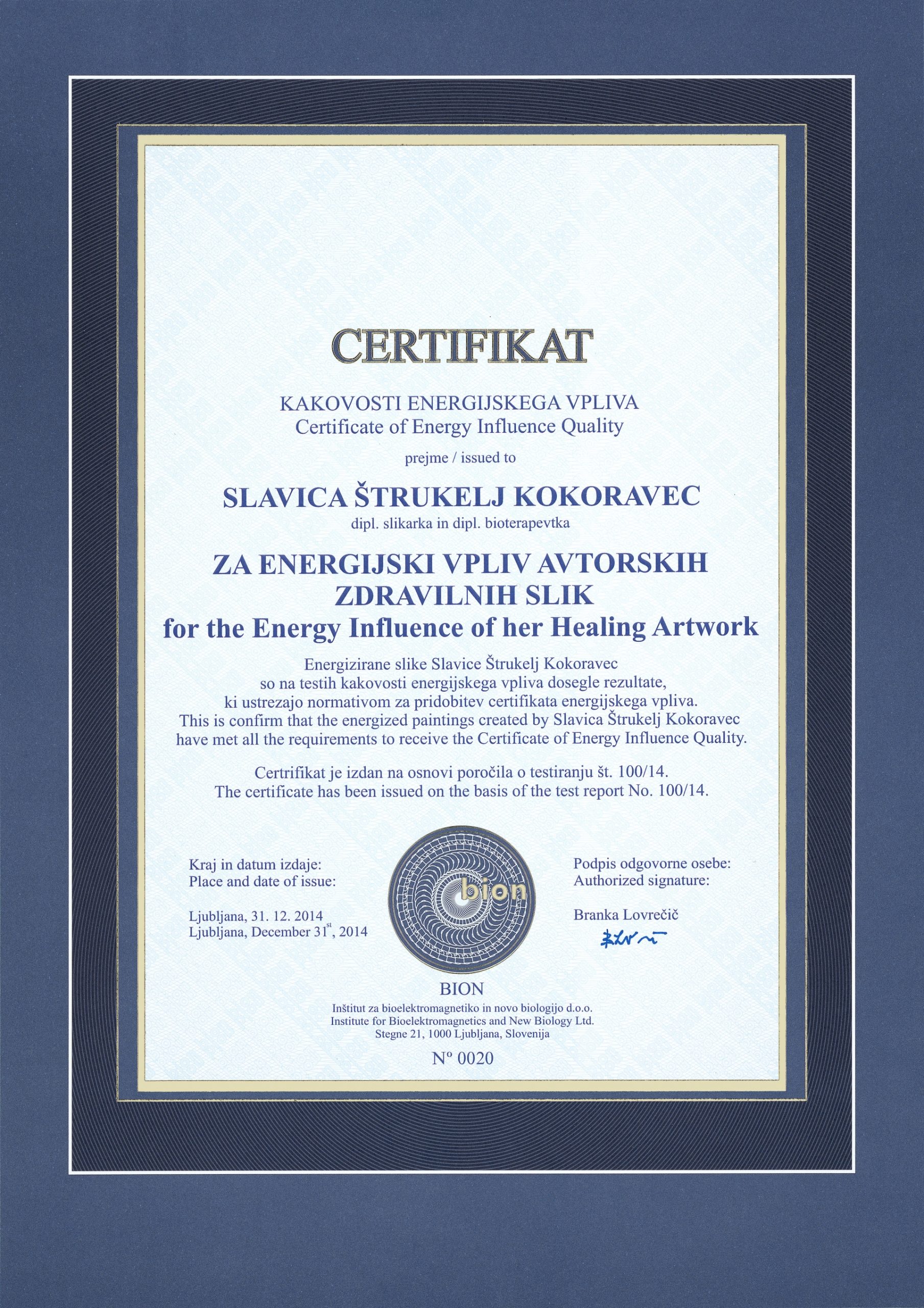 BION INTERNATIONAL INSTITUTE Certificate